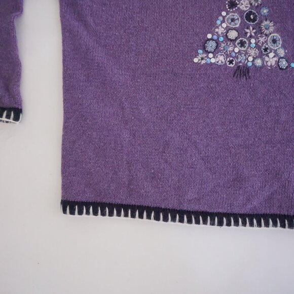 VTG Christopher & Banks Purple Floral Tree Embroidered Christmas Sweater L - Picture 6 of 9